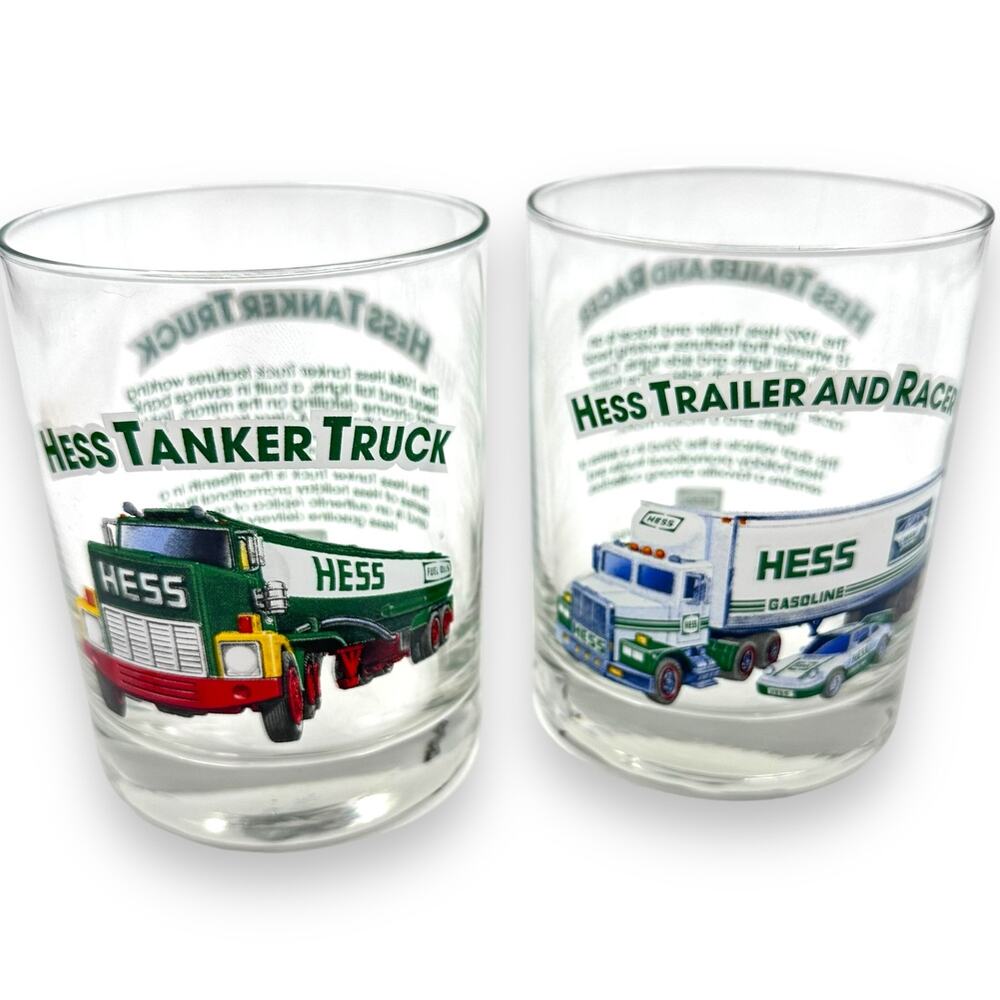 Vintage 90s Hess Truck Glasses Tanker Trailer and Racer Highball Glasses